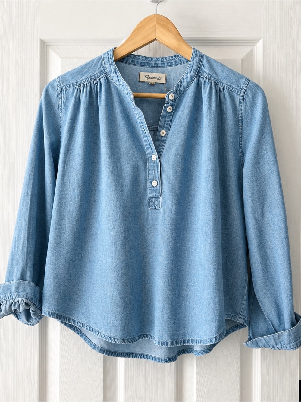 Madewell Denim Popover Top Small Boxy Band Collar Chambray Shirt
